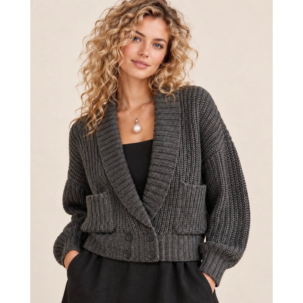 Anthropologie Wool Blend Chunky Rib Shawl Collar Cardigan Charcoal Grey Medium